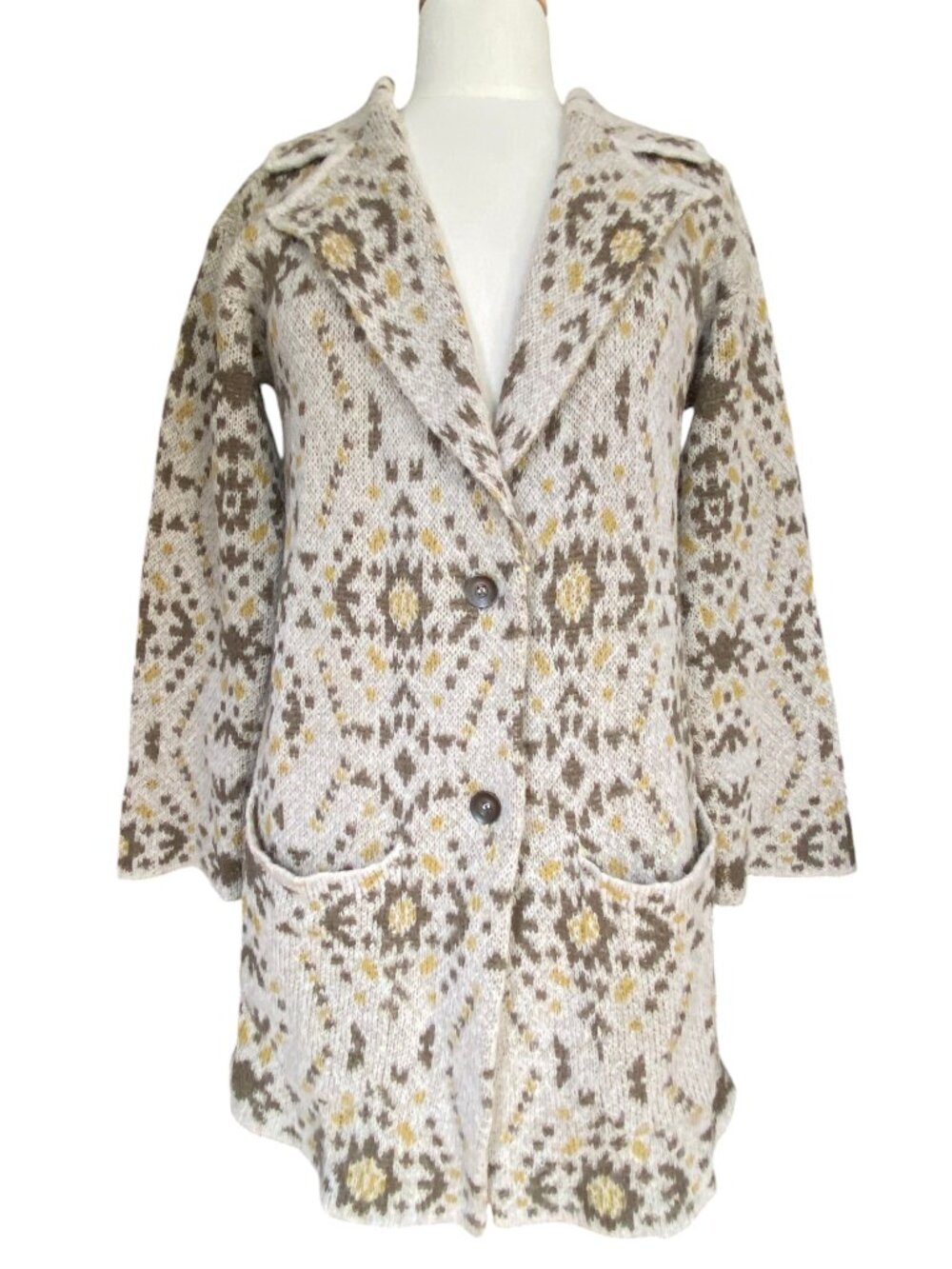Free People Fair Isle Sweater Coat Cardigan Wool Alpaca Lapel Blazer Jacket-S